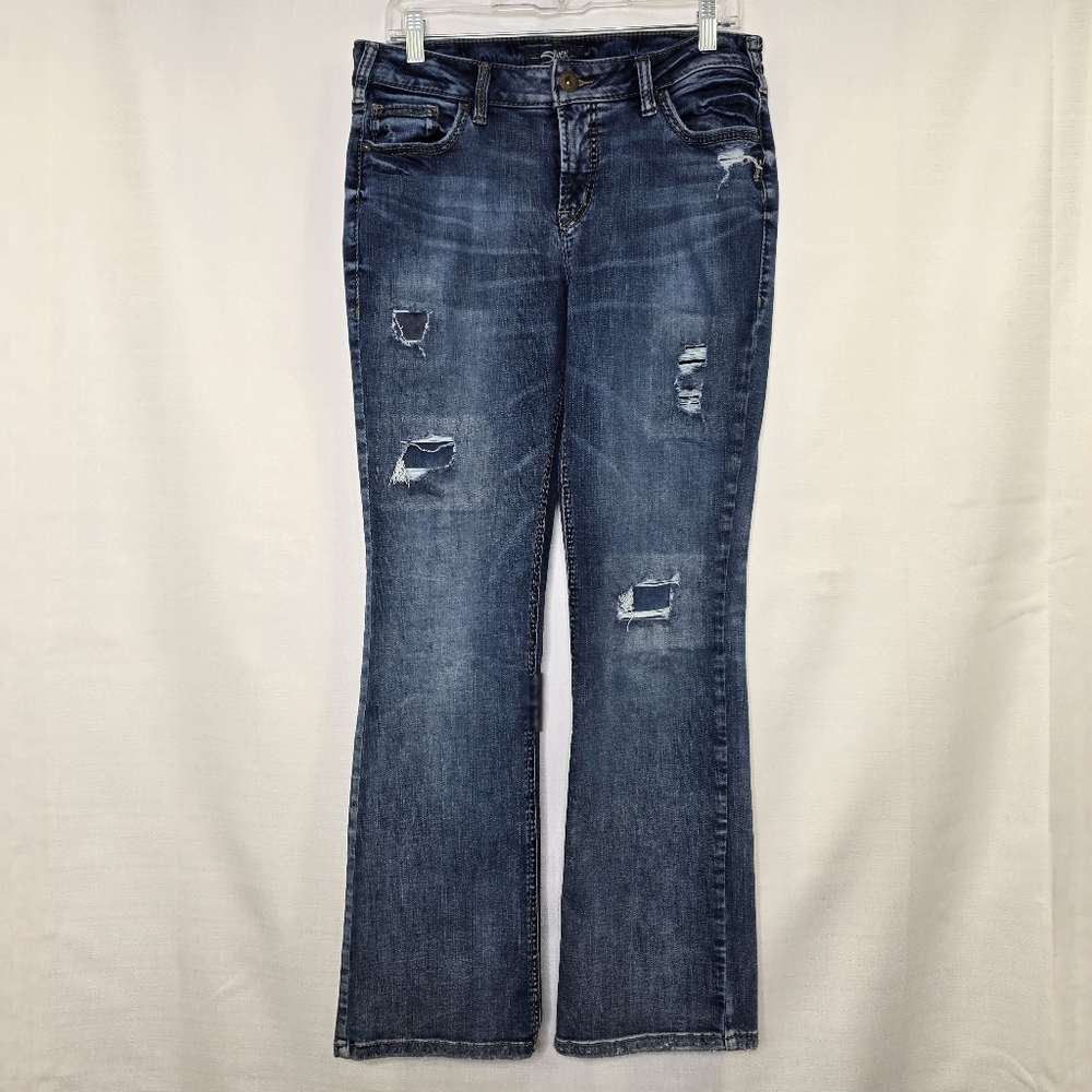 Silver Aiko Distressed Low Rise Bootcut Flare Blue Jeans Size 31 X 31